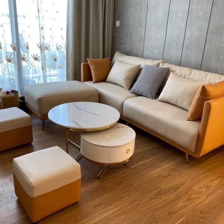 Bộ sofa FUNHOUSE phòng khách cao cấp, đệm bọt biển, vỏ da, khung sắt săn tĩnh điện. Tặng 2 đôn, 2 gối - Bảo hành 3 năm