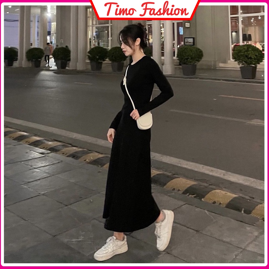 Váy suông dáng dài, váy maxi dài tay dáng xòe trơn basic cổ tròn vải thun tăm co giãn dày dặn phong cách Hàn Quốc,VAY025