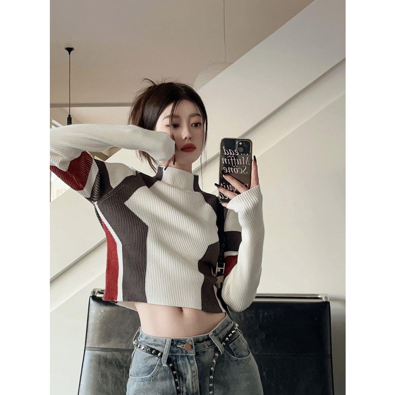 Áo Len Lửng Tay Dài Cổ Cao Màu Sắc Retro Phong Cách Âu Mỹ Dành Cho Nữ