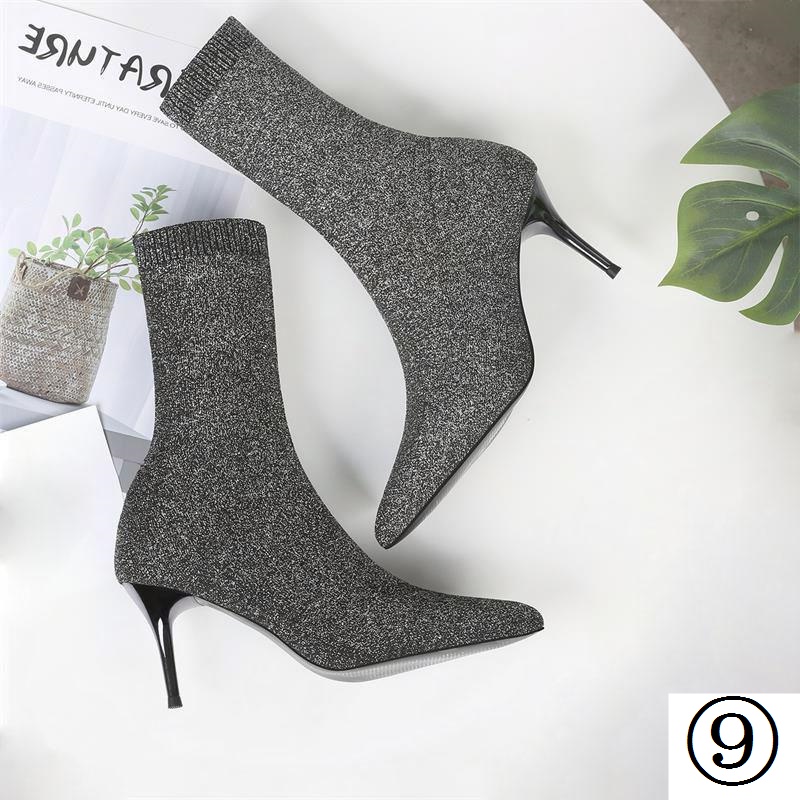 Giày Boot Cao Gót 7cm Mũi Nhọn Chất Liệu Len Co Giãn Thời Trang Thu Đông