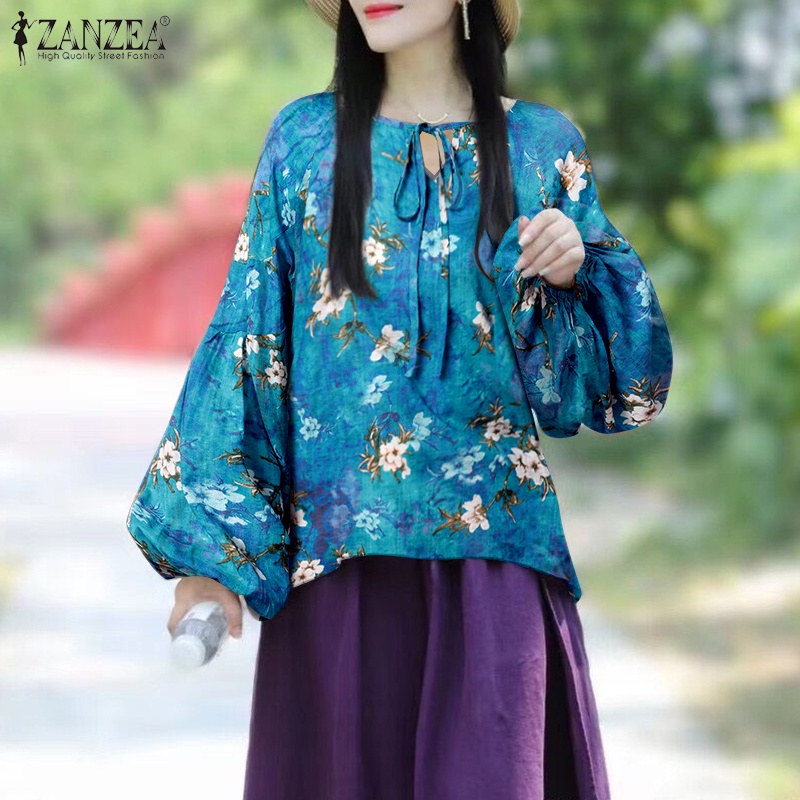 Áo kiểu ZANZEA cổ tròn tay phồng cột dây dáng rộng in họa tiết xinh xắn thời trang cho nữ