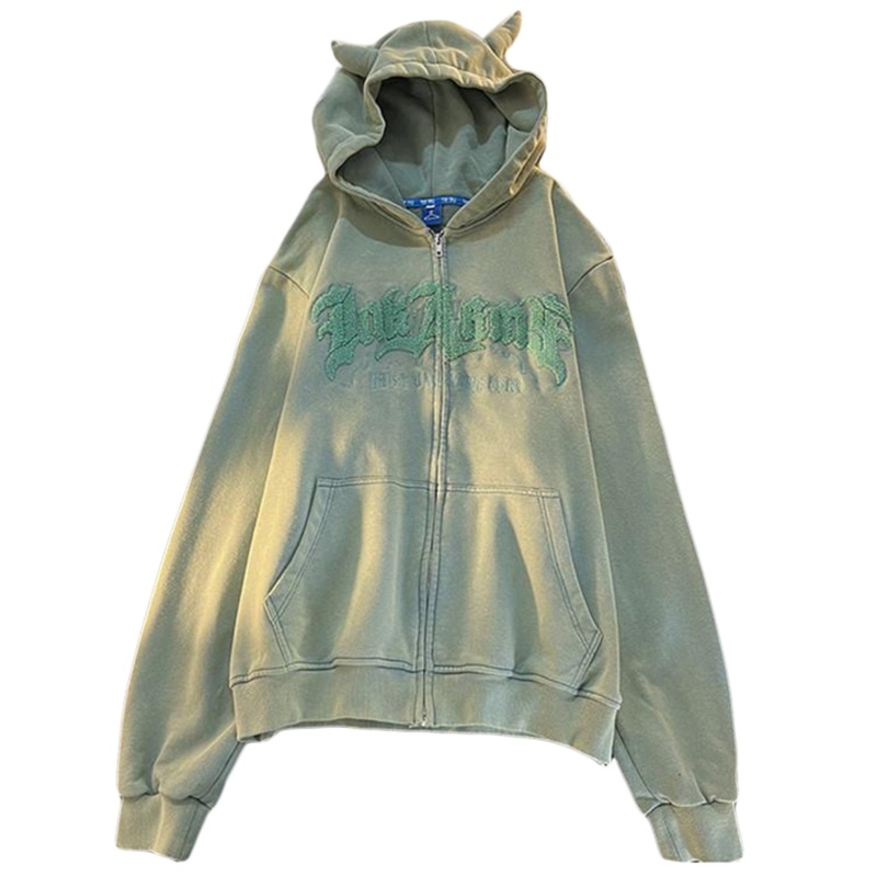 Áo Khoác Hoodie Tay Dài Có Khóa Kéo In Chữ Phong Cách Gothic Dễ Thương