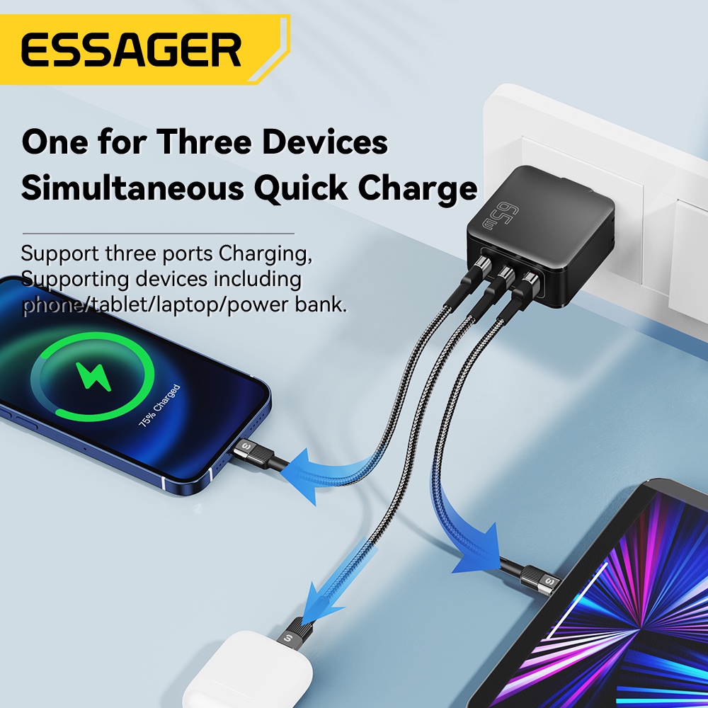 Bộ sạc nhanh ESSAGER 65W Type-C + USB A thích hợp cho máy tính bảng / laptop PD 65W /