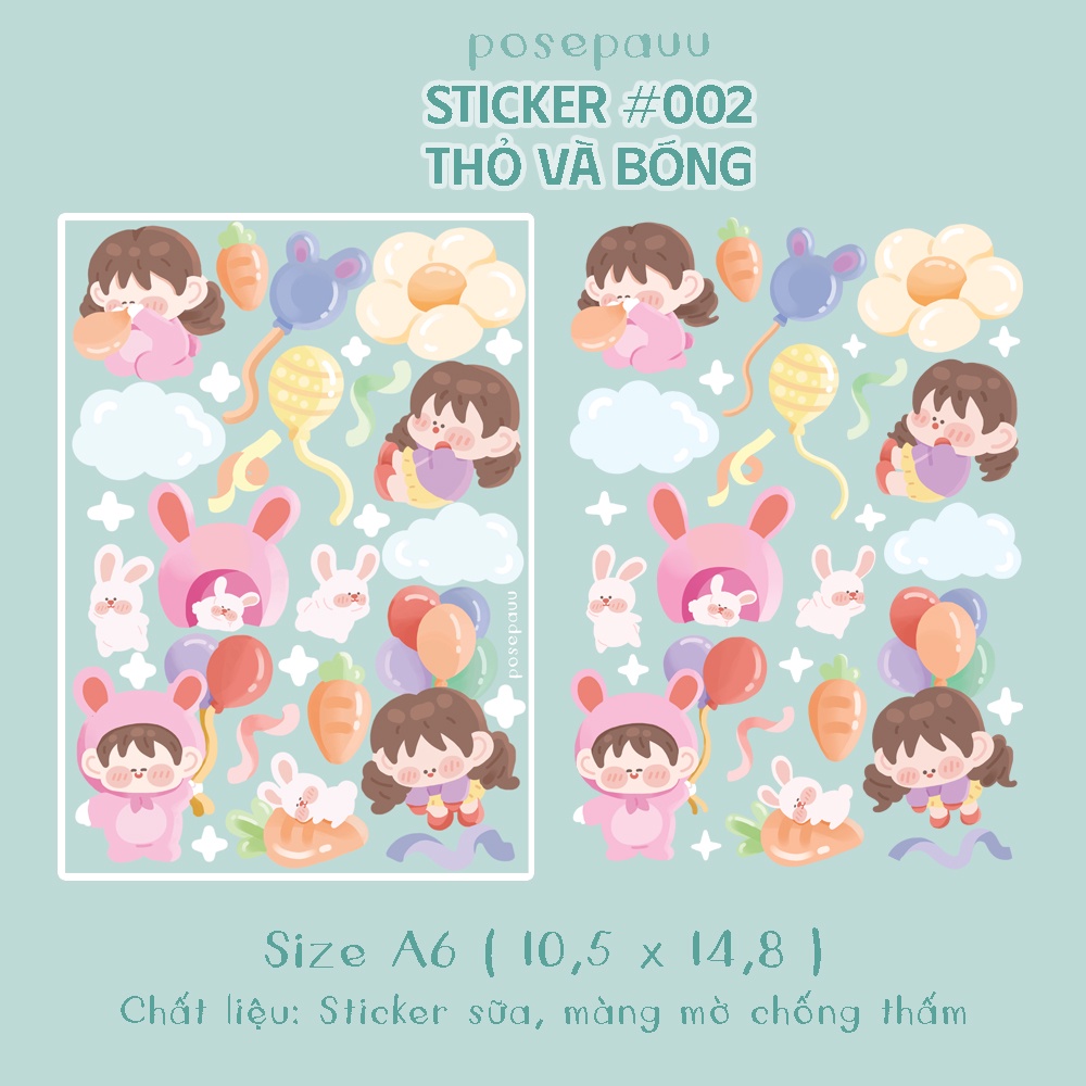 sticker tự thiết kế | chủ đề thỏ và bóng, trang trí sổ tay, nhật ký, dán mũ bảo hiểm