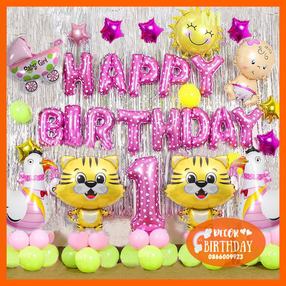 Set Trang Trí Sinh Nhật TUỔI HỔ Cho Bé Gái, Trang Trí Đầy Tháng Bé 2022, Đầy Đủ Như Hình Tặng Kèm Đồ Bơm Băng Dính