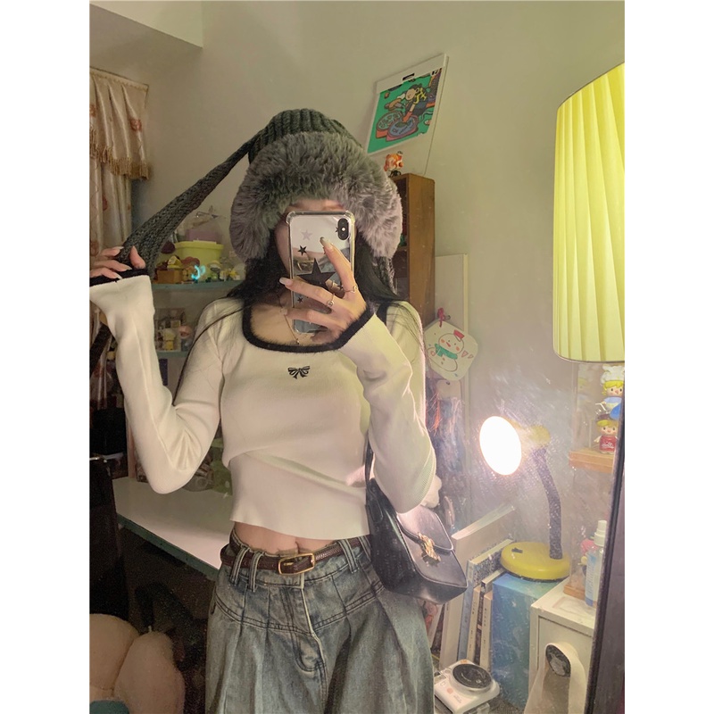 ZHELIHANGFEI Áo Dệt Kim Tay Dài Cổ Vuông Eo Cao Quyến Rũ Dễ Phối Đồ Hợp Thời Trang