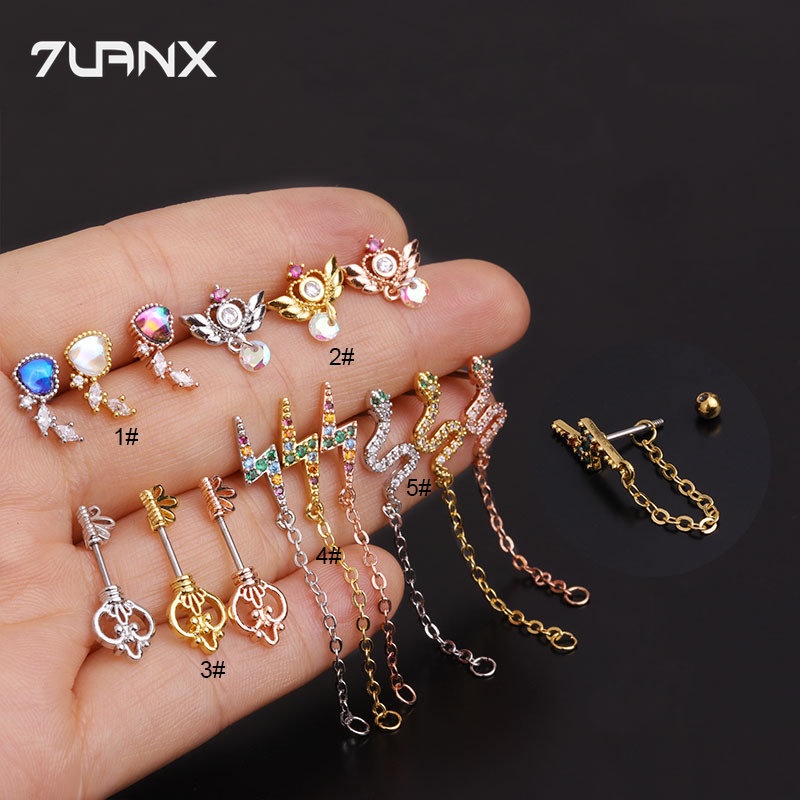 Khuyên tai 7UANX dạng xỏ thép không gỉ đính đá zircon nhân tạo nhiều kiểu dáng tùy chọn 20G thời trang