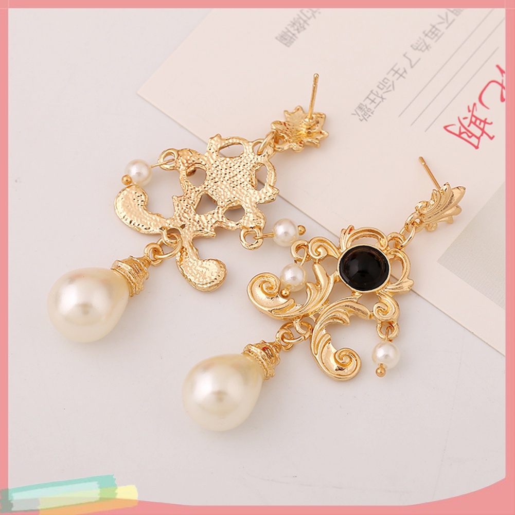 【LK】Evening Party Women Metal Palace Floral Faux Pearl Statement Stud Earrings Gift