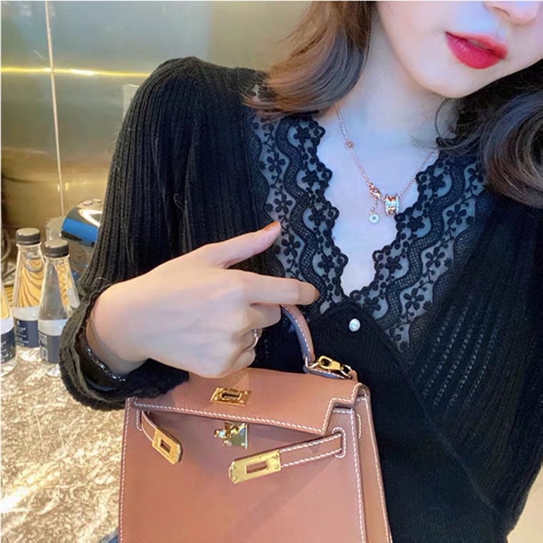 Áo Sweater Dệt Kim Tay Dài Cổ Chữ v Viền Ren Thời Trang Mùa Thu Cho Nữ