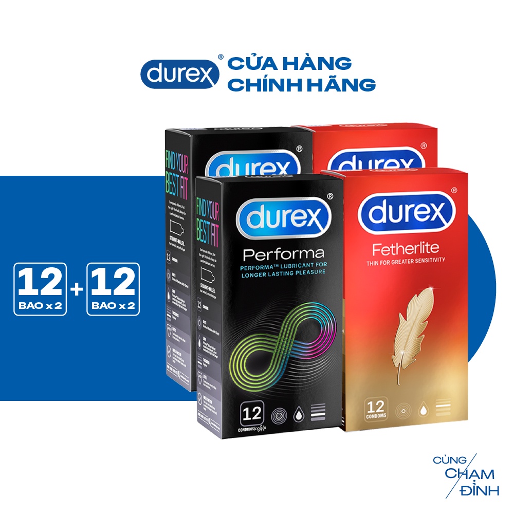 Bộ 2 hộp bao cao su Durex Performa kéo dài thời gian size 52mm và 2 Durex Fetherlite siêu mỏng size 52.5mm, hộp 12 bao