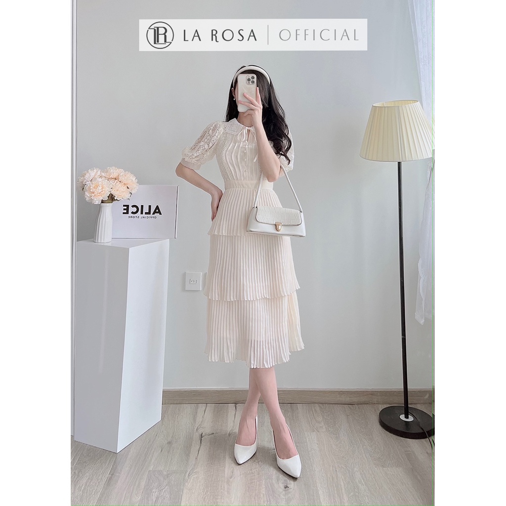 Váy Ren Công Sở LAROSA Chất Vải Cao Cấp Phối Tơ Nến Thiết Kế Cổ Ren Dáng Dài Dập Ly 3 Tầng V802
