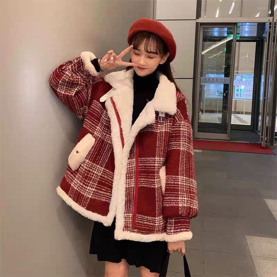 Áo Khoác Dạ Form Rộng Kẻ Caro Lót Lông Cừu Hàng Quảng Châu M6949 - Lolla Fashion