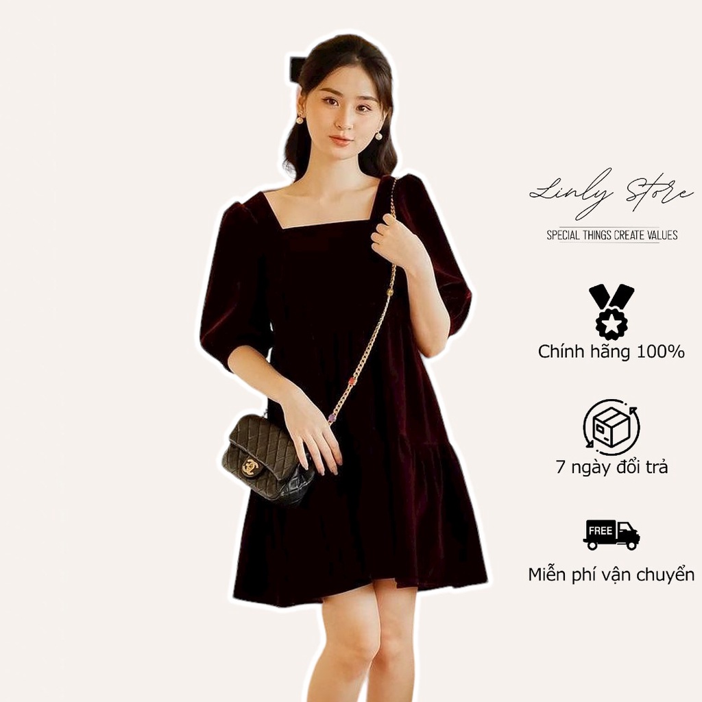 Váy kiểu nữ chất nhung, dáng babydoll cổ vuông tay lỡ Linly Store V-NHU2