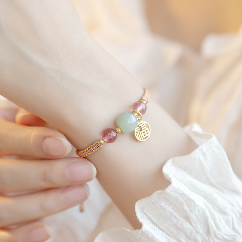 Vòng Tay Dây Bện Pha Lê Tự Nhiên Màu Đỏ Mã Não Hoa Đào Phong Cách Retro Có Thể Điều Chỉnh Phù Hợp Làm Quà Cho Nữ