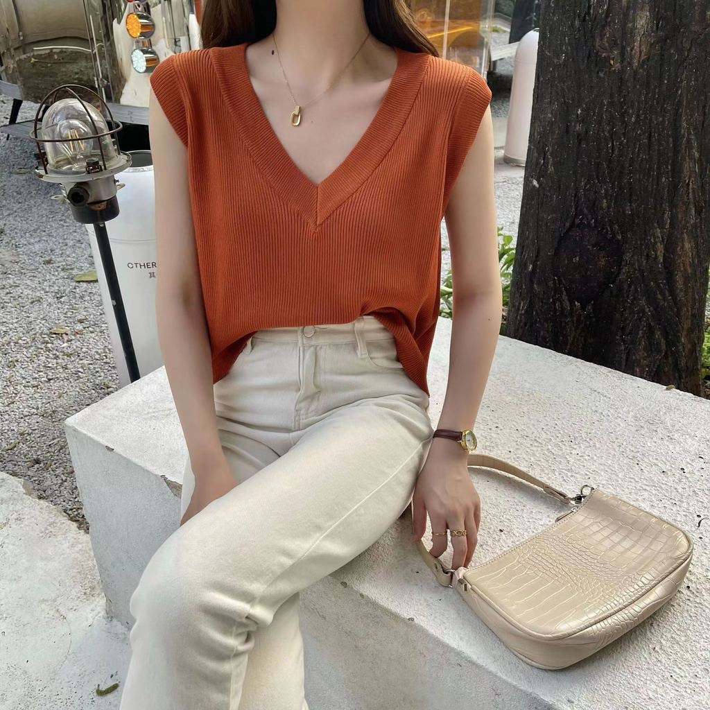 Áo Len Nữ Không Tay Cổ Chữ V Rộng Phiên Bản Hàn Quốc Mới