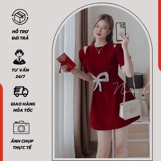 Đầm nhung dáng xòe khoét vai đính nơ kim sa cao cấp - 1208