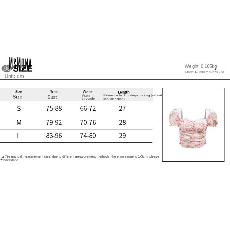 MsMona Áo Thun Tay Ngắn Phồng Cổ Vuông Dáng Ôm In Họa Tiết Hoa Thời Trang 2022 Quyến Rũ Cho Nữ