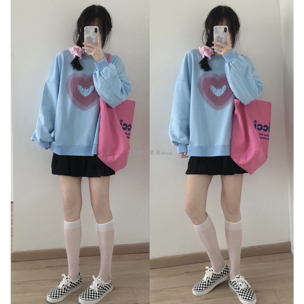 Áo Sweater Tay Dài Dáng Rộng Cổ Tròn In Hình Trái Tim Màu Hồng / Trắng Thời Trang Mùa Thu Cho Nữ