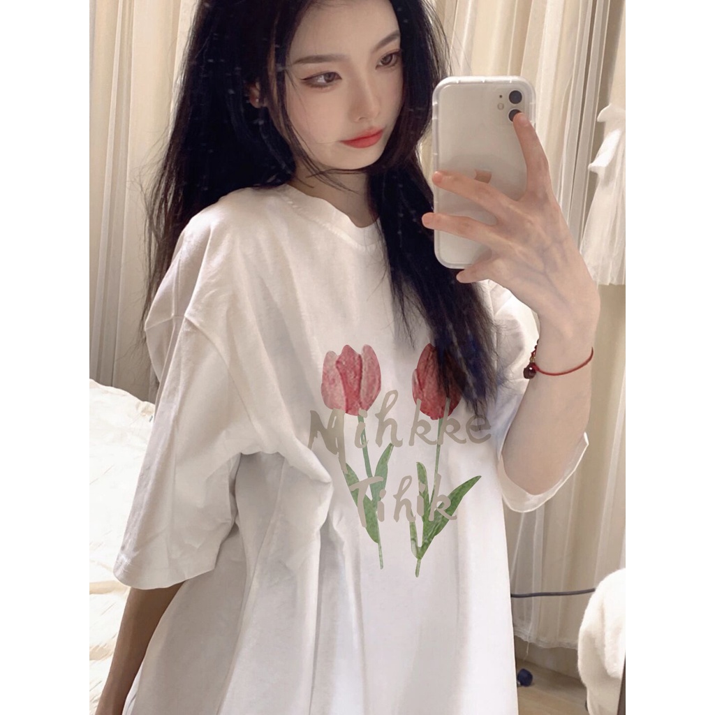 Áo Thun Tay Ngắn Dáng Rộng In Hình Hoa tulip Phong Cách Hàn Quốc
