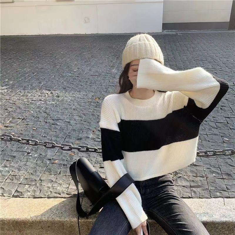 Áo Sweater Dệt Kim Dáng Rộng Ngắn Kẻ Sọc Màu Sắc Tương Phản Kiểu Vintage Nhật Bản