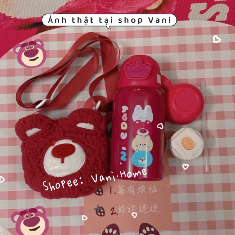 Set bình giữ nhiệt gấu dâu Losto 5in1 tặng kèm túi quai đeo vải lông mịn cute - Bình đựng nước gấu hồng Lotso 5 chi tiết