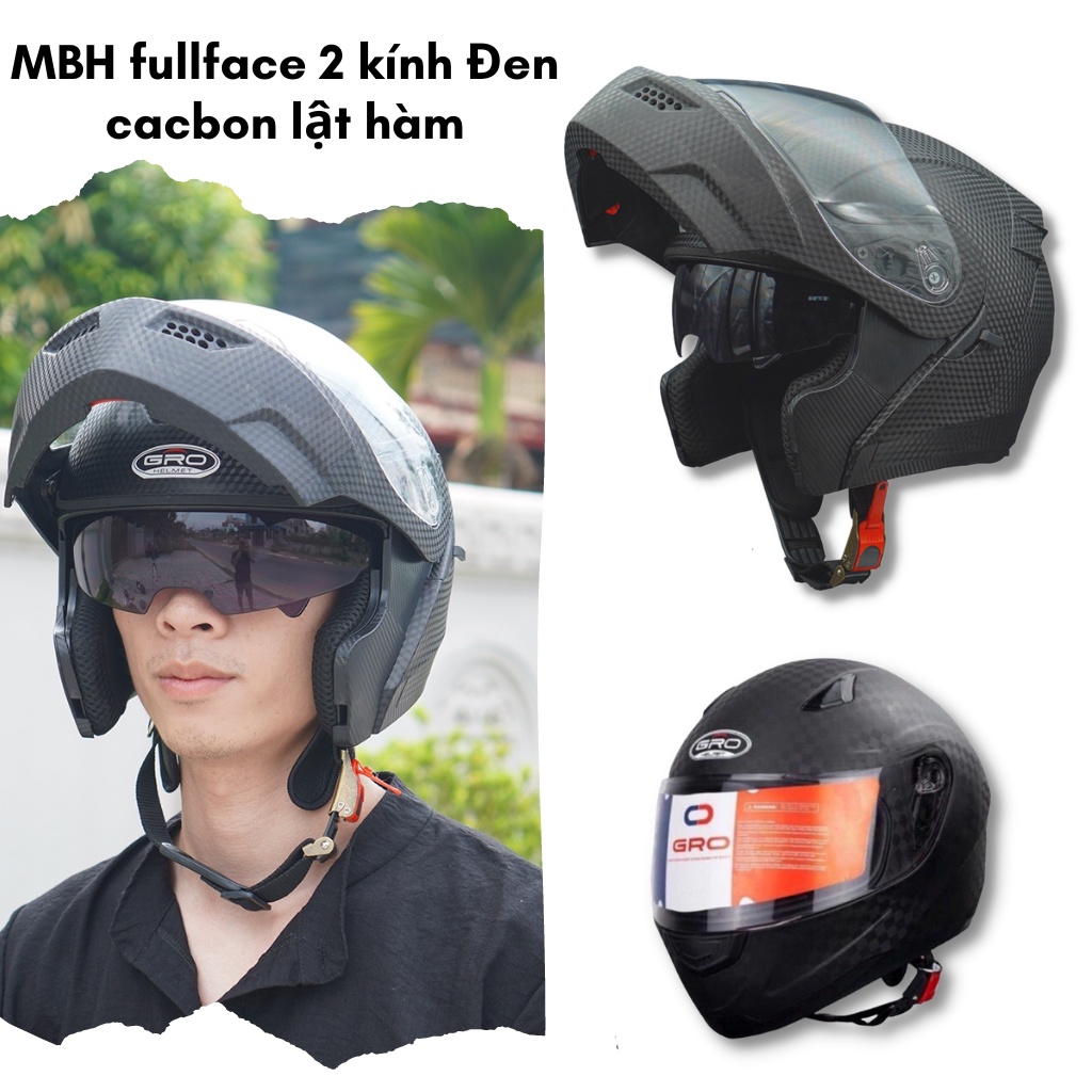 Mũ bảo hiểm Fullface GRO ST26 Đen vân cacbon, chuyên phượt 2 kính thiết kế lật hàm hiện đại