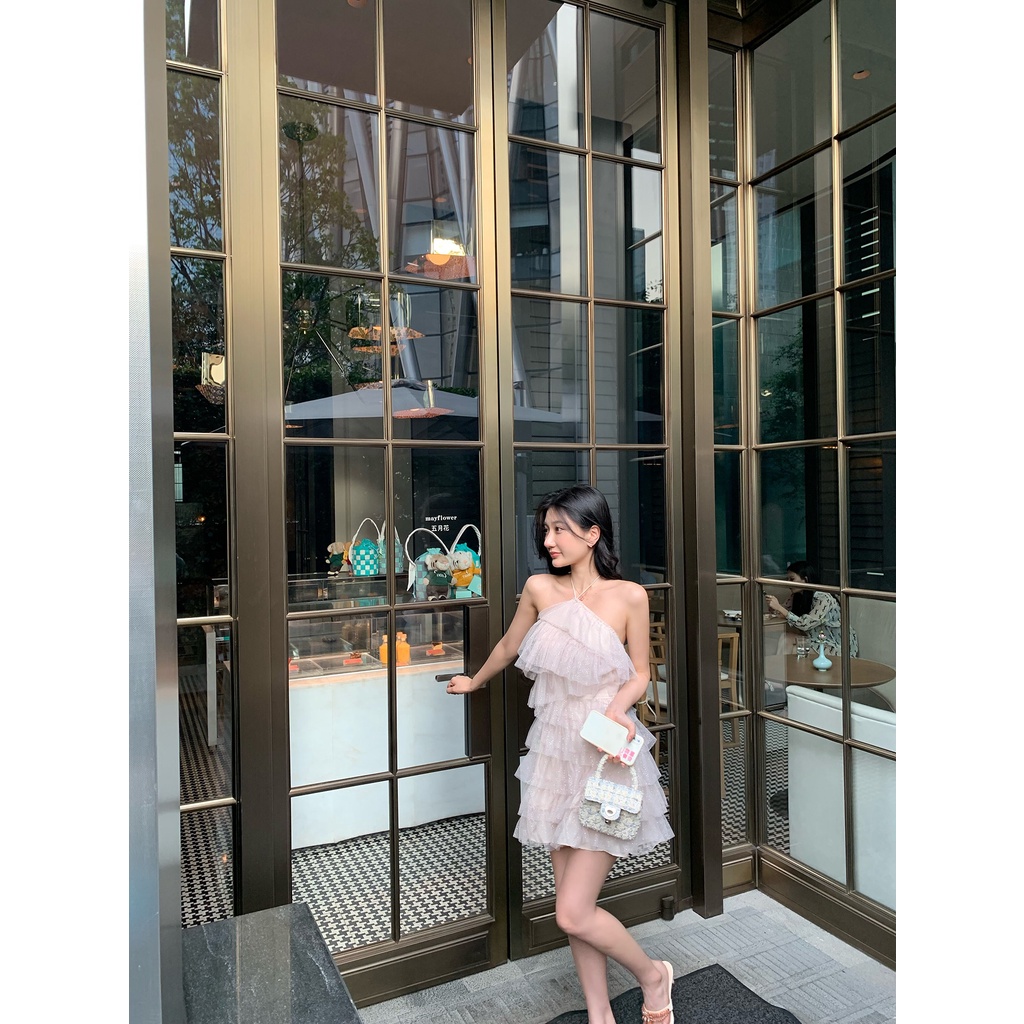 Đầm Hai Dây Dáng Chữ a Phối Lưới Màu Trắng Thời Trang Mùa Hè Xinh Xắn Cho Nữ