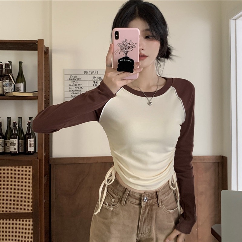 IELGY IELGY Áo Thun Kaki Dài Tay Ôm Dáng Phối Dây Rút Bên Hông Phong Cách Mỹ Cho Nữ