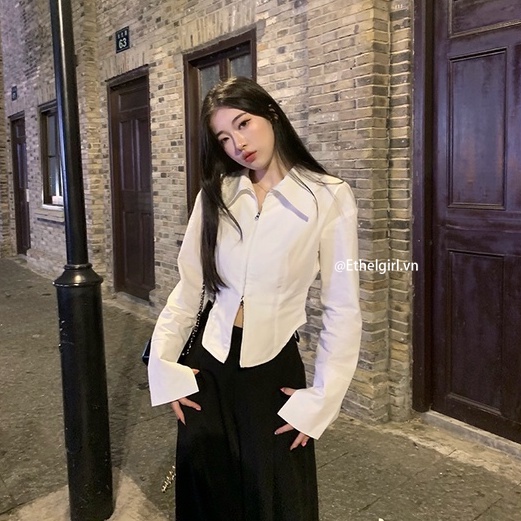 Ethelgirl Áo Croptop Tay Dài Thiết Kế Quyến Rũ Phong Cách Hàn Quốc Cho Phái Nữ