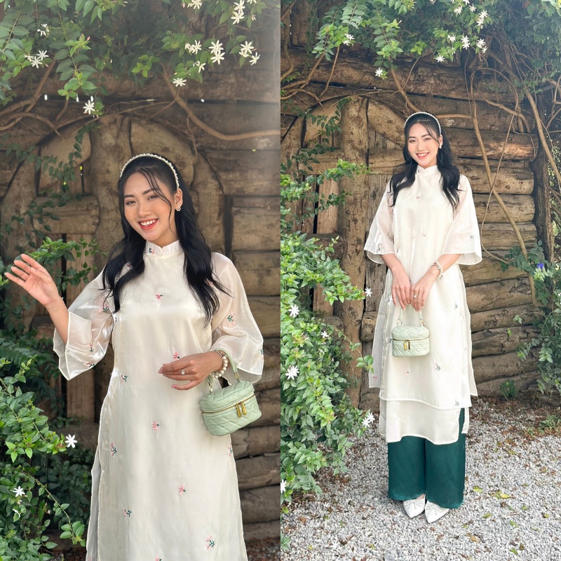 Set áo dài cách tân Tết voan tơ thêu hoa 4 tà SHINE CLOTHES nhiều màu xinh xắn, Áo dài dáng suông kèm quần