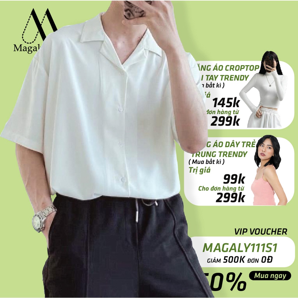 Áo Sơ Mi Ngắn Tay Nam Nữ Cổ Vest TRƠN Trắng Và Đen - Kiểu sơ mi tay ngắn form rộng Cổ Vest và Cổ Đức Magaly Korea