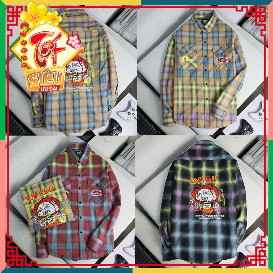 Áo Sơ Mi Nam, Áo Sơ Mi Dài Tay Thêu Phối Họa Tiết Hoạt Hình EVISU Siêu Hot.Tm