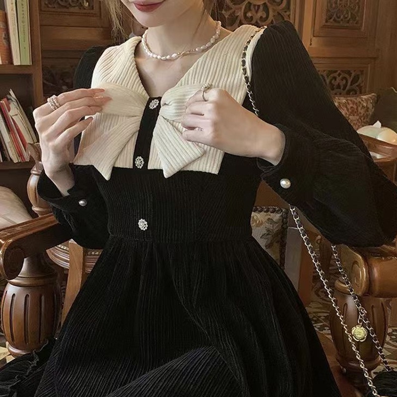 IELGY IELGY Đầm Đen Thắt Nơ Phong Cách Pháp Cổ Điển Cho Nữ