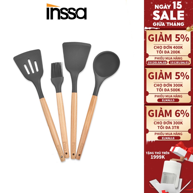 INSSA đồ dùng nhà bếp bằng Silicon tay cầm gỗ sồi chịu nhiệt cao chuyên dụng Vá đặc, Vá lỗ, Xẻng đặc, Chổi quét dầu