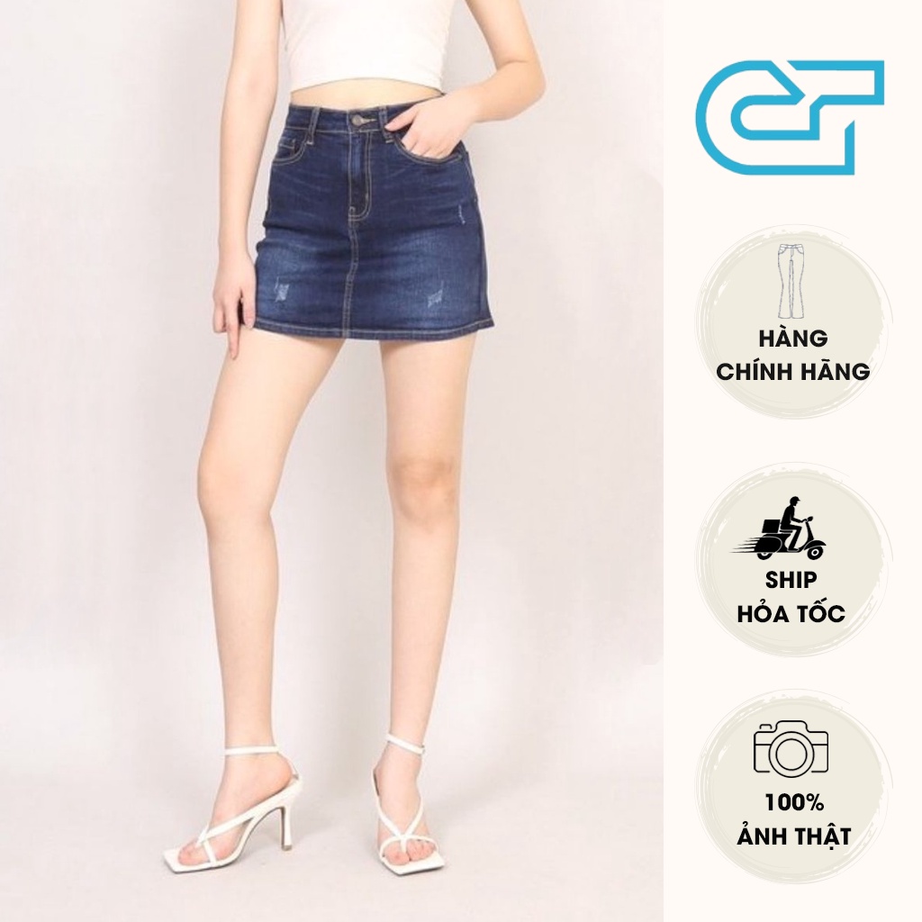 Quần giả váy jean xước màu xanh đậm CP34, CT JEANS