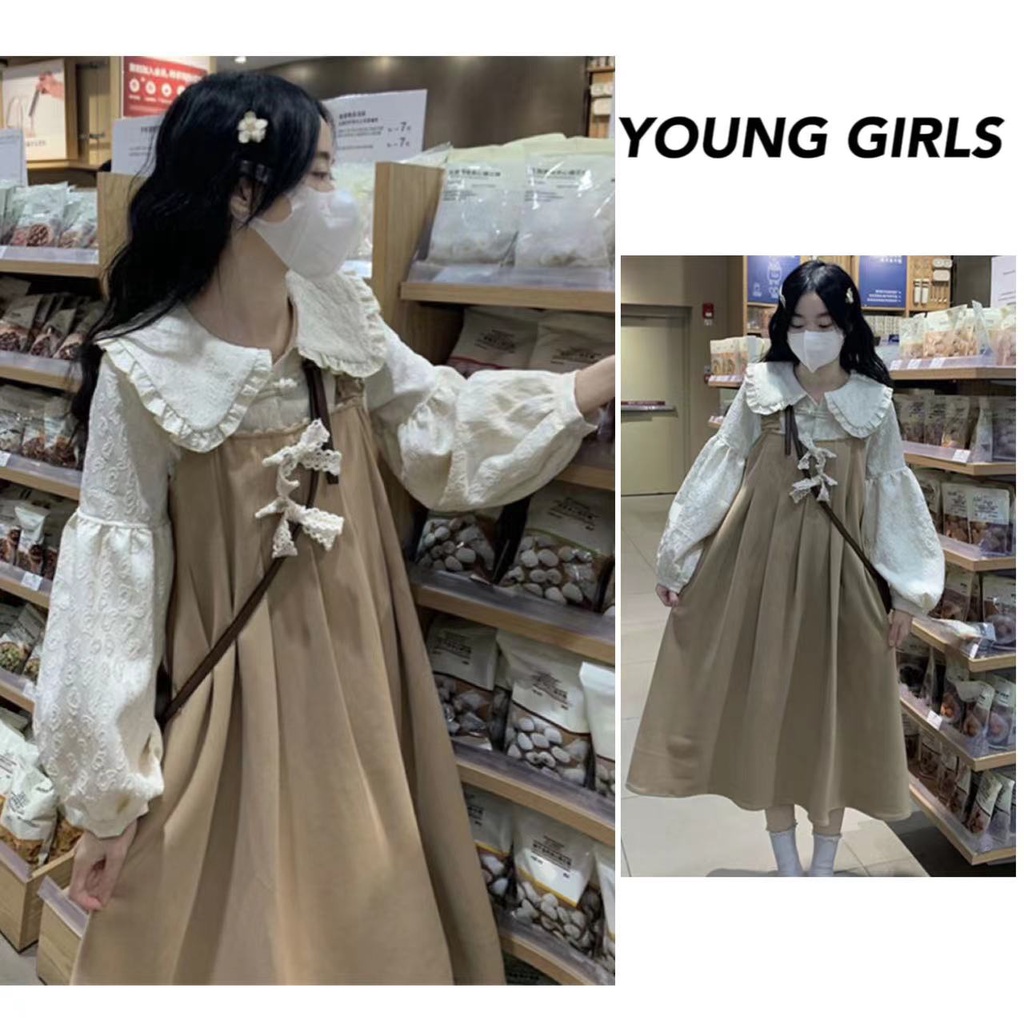 Váy babydoll Set Áo Sơ Mi Cổ Búp Bê Thắt Nơ Xinh Xắn Phong Cách Nhật Bản
