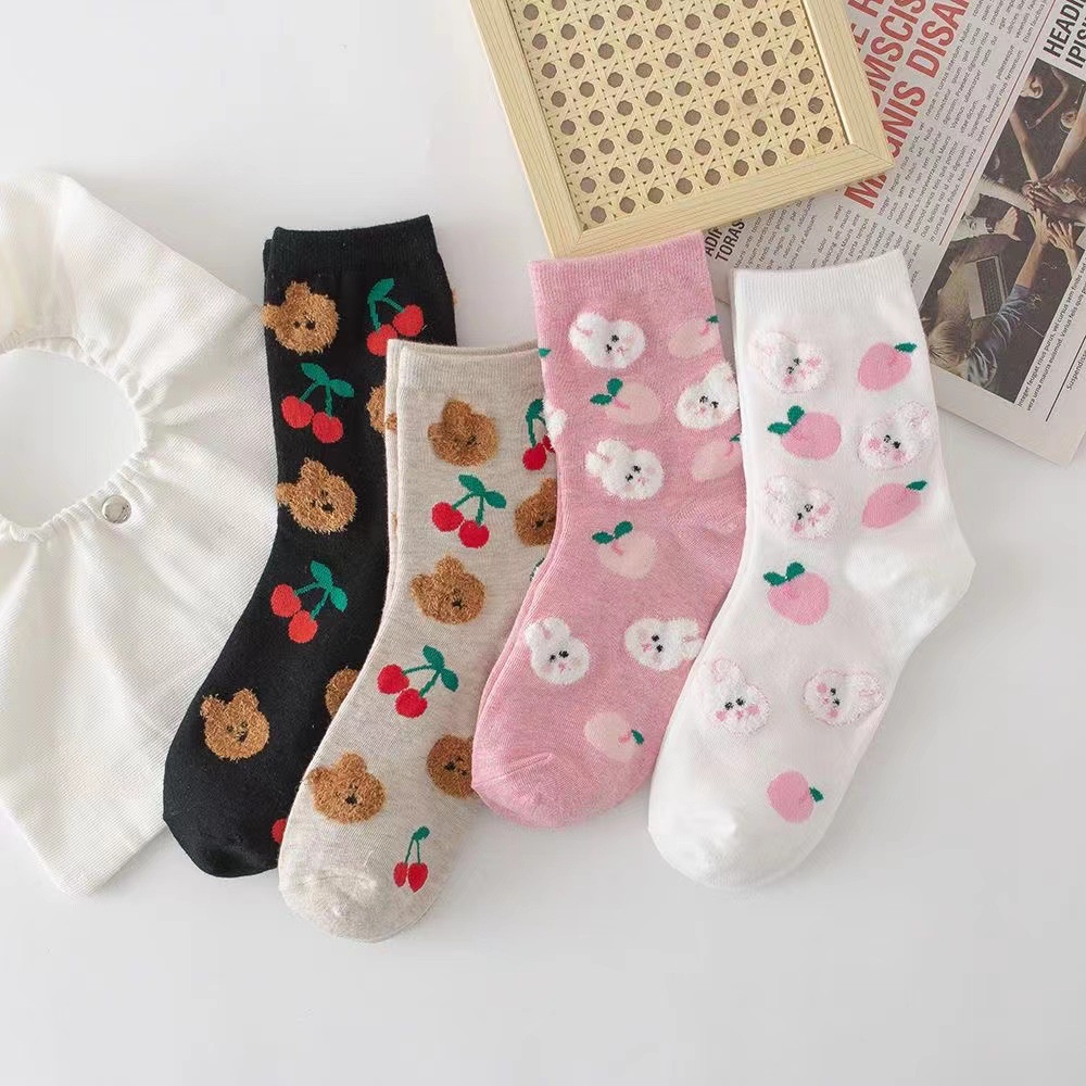 Vớ cotton Cổ Cao In Họa Tiết Thỏ / Gấu Hoạt Hình Dễ Thương Thời Trang Thu Đông Phong Cách Hàn Quốc Cho Nữ