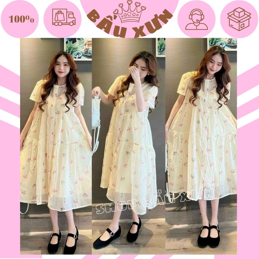 ĐẦM BẦU XINH KIỂU DÁNG HÀN QUỐC VỚI HỌA TIẾT HOA NHẸ NHÀNG- VÁY BẦU TRẺ THIẾT KẾ CÚC THẬT DÁNG ĐẸP
