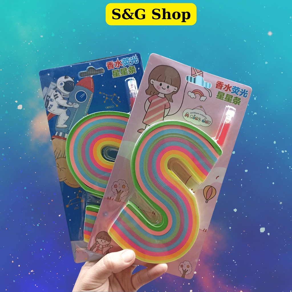 Giấy gấp sao, giấy origami xếp hoa dạ quang 9 màu tươi sáng khoảng 500 tờ kèm theo lọ nước hoa mini
