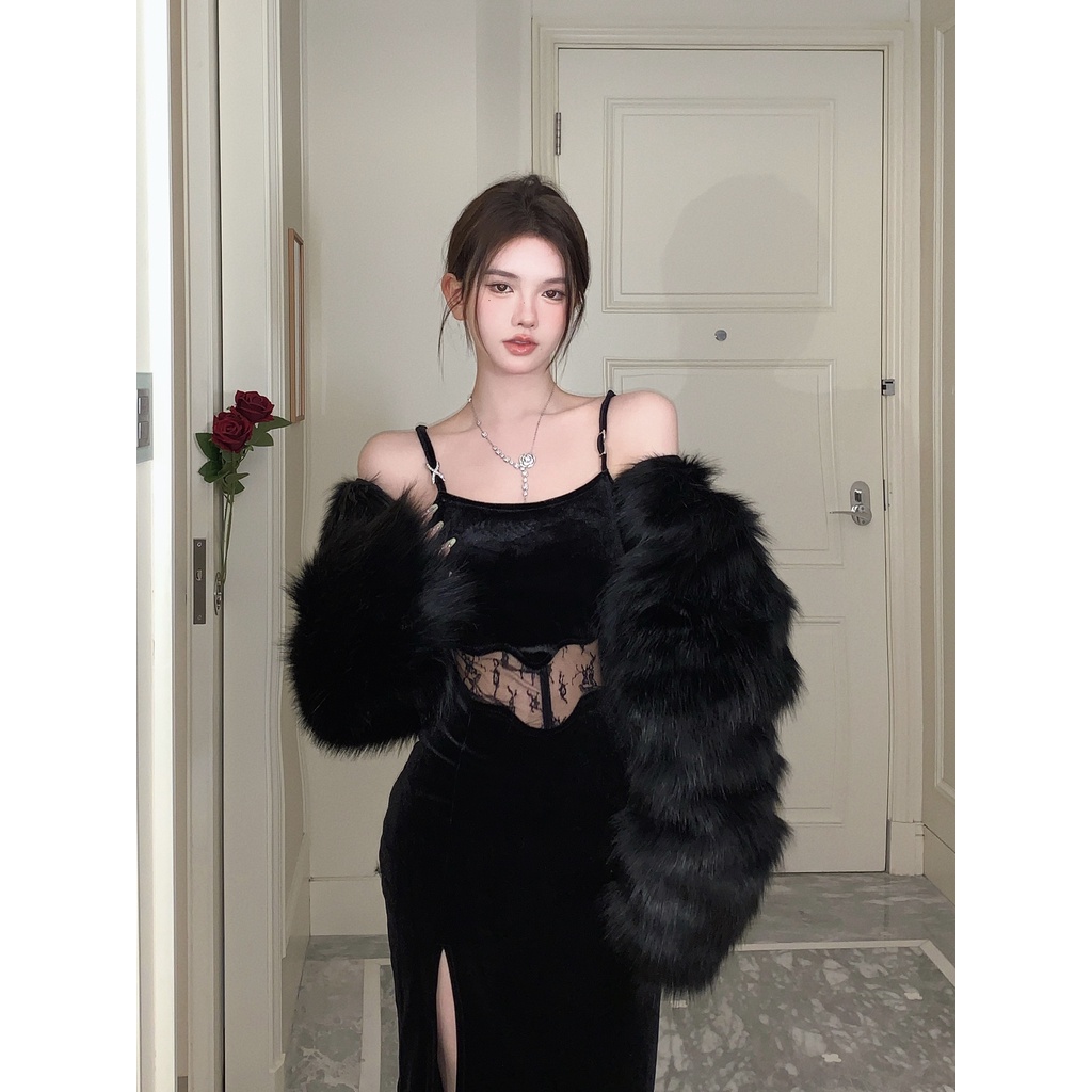 (ORDER) Váy hai dây nhung eo phối ren gợi cảm dáng dài ôm body xẻ tà quyến rũ sang trọng