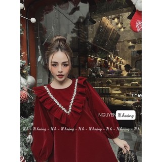 Váy nhung babydoll tay dài cổ bèo chất siêu dày dặn hàng QCCC, Váy bầu nhung lì dày ấm SHOPSIEURE88