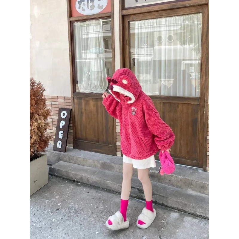 Áo Khoác Cardigan Len Lông Cừu Dáng Rộng Ấm Áp Hình Gấu Dâu Tây Thời