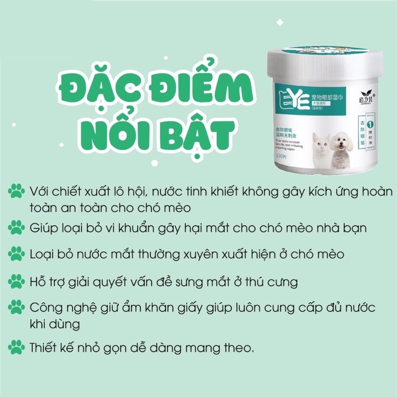Khăn Ướt Lau Mắt, Tai Chó Mèo Thú Cưng 130 Miếng - Chiết Xuất Lô Hội