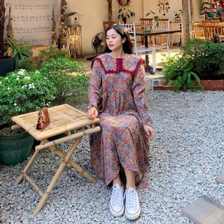 Đầm hoa maxi phối cổ ren vuông