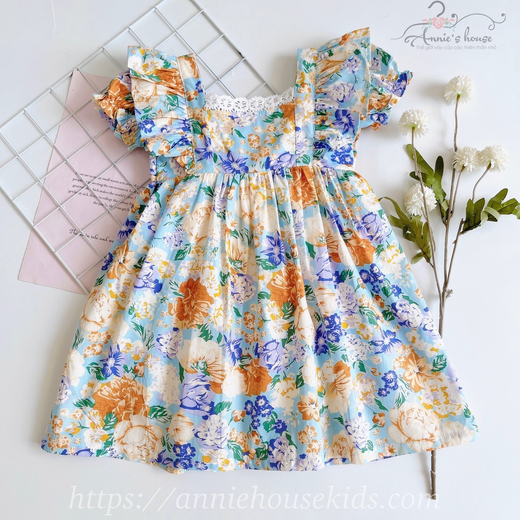Váy bé gái Annie, đầm cổ vuông viền ren tay phồng cho bé từ 9 - 33kg