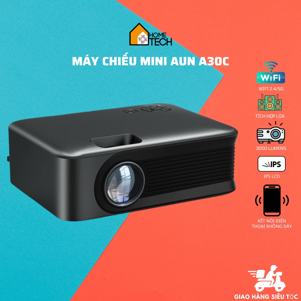 Máy chiếu phim mini AUN A30C - Kết nối điện thoại không dây, tích hợp loa, độ sáng 3000 lumens