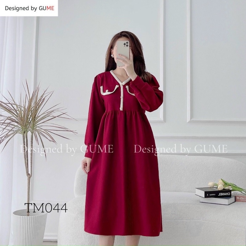 Váy Bầu Chất Nhung Tăm-cổ v,dáng tiểu thư -phong cách Hàn Quốc siêu xinh-phù hợp mặc thu đông -freesize 43-68kg