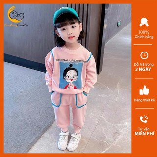 Bộ quần áo dài tay bé gái phối viền cá tính Đồ bộ thu đông cho bé in hình cô gái từ 1 2 3 4 5 6 tuổi