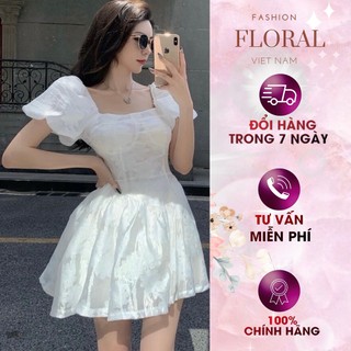 Đầm dự tiêc cổ vuông chất ren FLORAL DESIGN nữ trắng tay bồng dáng xòe tiểu thư