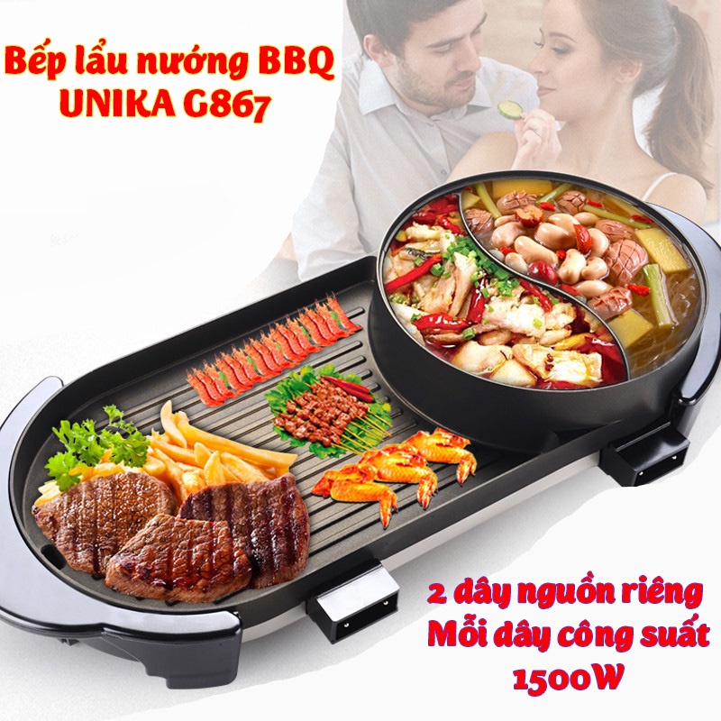 {HOT HOT}Bếp lẩu nướng, bếp lẩu nướng đa năng BBQ 2 ngăn riêng biệt Unika G867 công suất 3000W